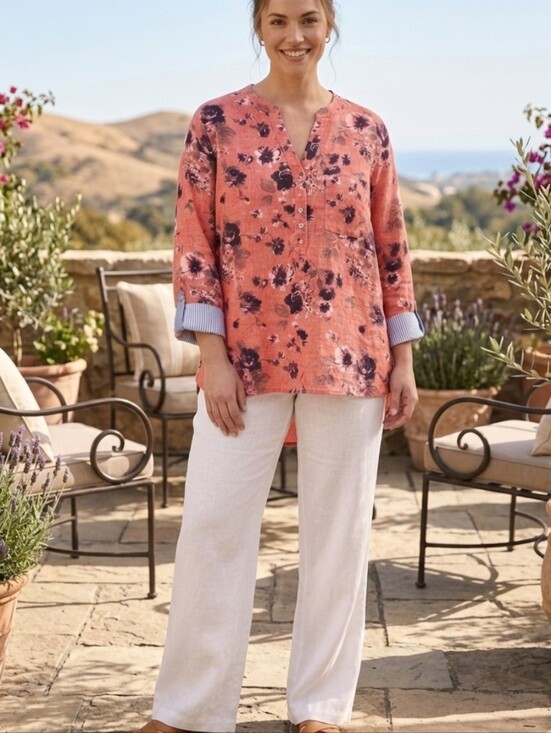 John Mark Tops - John Mark Linen Popover Floral Tunic Top 1X Cottagecore Boho